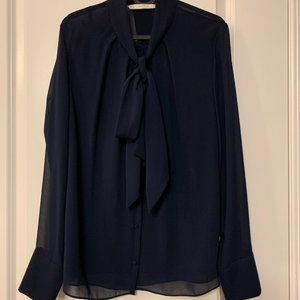Zara Trafaluc Navy Blue Tie-Neck Sheer Button-up Long-Sleeve Blouse (US Size L)